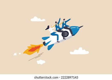Team direction, leadership to guide team to success, boost team productivity or innovation to succeed, partnership or success startup concept, business people riding rocket, leader pointing direction. - Shutterstock ID 2222897143