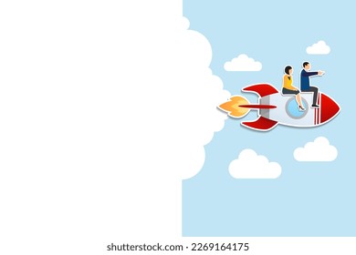 Team direction, leadership to guide team to success, team productivity  to succeed, partnership or success startup concept, business people riding rocket, leader pointing direction. Paper Cut Style