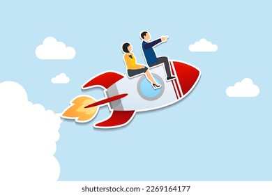 Team direction, leadership to guide team to success, team productivity  to succeed, partnership or success startup concept, business people riding rocket, leader pointing direction. Paper Cut Style