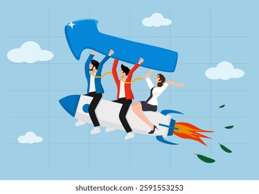 Team direction, leadership to guide team to success, boost team productivity or innovation to succeed, partnership or success startup concept, business people riding rocket, leader pointing direction
