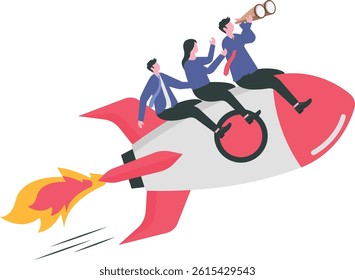 Team direction, leadership to guide team to success, boost team productivity or innovation to succeed, partnership or success startup concept, business people riding rocket, leader pointing direction.