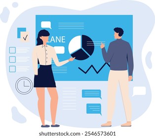 El equipo discute el crecimiento del financiamiento empresarial en la junta, el gerente habla sobre el cronograma de crecimiento, el aumento de las ventas, las inversiones comerciales y el diseño de Vectores del concepto de crecimiento. Personas