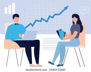 El equipo discute el crecimiento del financiamiento empresarial en la junta, el gerente habla sobre el cronograma de crecimiento, el aumento de las ventas, las inversiones comerciales y el diseño de Vectores del concepto de crecimiento. Personas