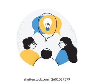 A team discusses new ideas. Teamwork, problem-solving, and brainstorming. A vector illustration on a white background.