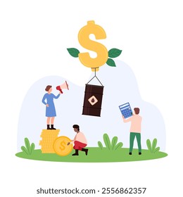 Team discusses oil prices with a giant dollar sign and oil barrel. One person uses a megaphone while another holds a calculator, emphasizing financial analysis and market trends vector illustration