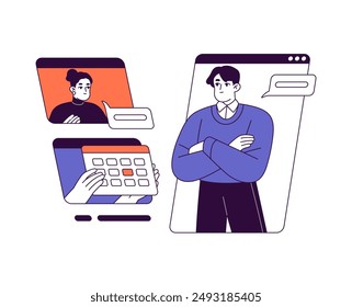 Team discusses timetable of remote work online. Colleagues communicate, planning schedule of project together. Concept of time management, teamwork. Flat isolated outline vector illustration on white