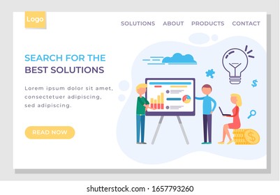 Team discussing about new project. Businessmen searching for best solution for startup. People thinking about creative ideas for business standing near statistics chart. Vector illustration of website