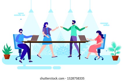 team discussing around the table in room, team meeting vector illustration