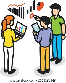Team diskutiert Datenstatistiken. Isometrisches Symbol für Unternehmensanalyse