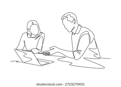 Equipo discutiendo documentos juntos. Concepto de trabajo de Equipo. Diseño de dibujo de línea única. Ilustración gráfica de Vector