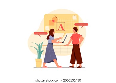 Team discussing an idea, developing startup, and making corrections Illustration concept. Flat illustration isolated on white background.