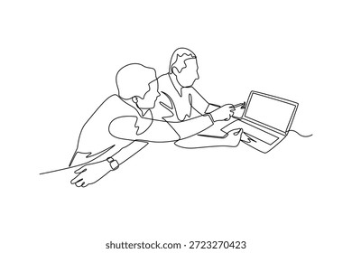 Equipe discutindo ideias na frente de um computador. Conceito de trabalho em equipe. Design de desenho de linha única. Ilustração gráfica vetorial