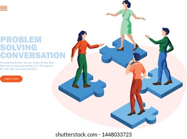 team discussing with jigsaw puzzle  concept vector illustration
