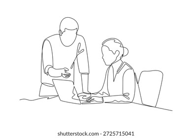 Team bespricht den Projektfortschritt im Büro. Mitarbeiter, die an Concept arbeiten. Einzeiliges Zeichnungsdesign. Vektorgrafik