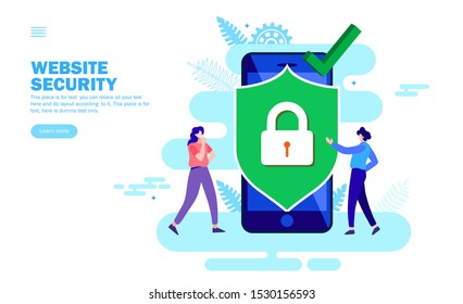 team discussing we online web security with shield and lock flat vector illustration