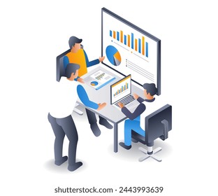 Team discussion about company development, flat isometric 3d illustration
