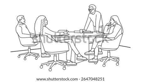 Team Discussion Around Round Table Line Art Vector