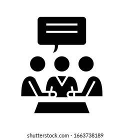 Icono negro de discusión en equipo, ilustración conceptual, símbolo plano vectorial, signo de glifo.