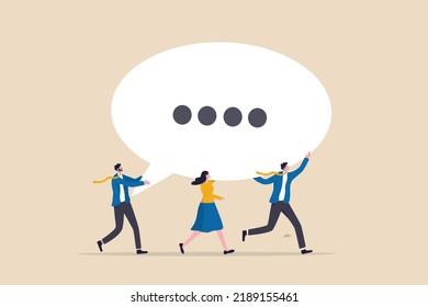 Team discussion, community or social feedback, communication or announcement dialog, team meeting concept, businessman and businesswoman team members help carrying big speech bubble with copy space.