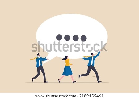Team discussion, community or social feedback, communication or announcement dialog, team meeting concept, businessman and businesswoman team members help carrying big speech bubble with copy space.