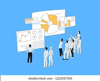 Team discussion of data analysis results. Data science concept vector  illustration. Market research presentation, slides with charts and histograms on a business conference.