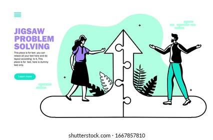 team discussion on growth path upside created with jigsaw puzzle vector illustration