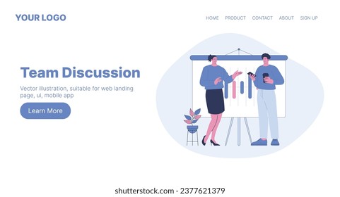 Team Discussion. Web Landing Page Design. Flat Cartoon Vector Illustration. Vector illustration, suitable for web landing page, ui, mobile app