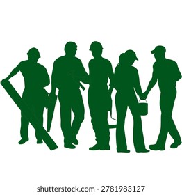 Team of diverse construction workers in hard hats holding tools and materials, isolated green vector.