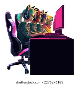 Team of diverse girls gamers or programmers sitting in front of a computers in a headsets. Side view, cartoon anime style. Vector character design