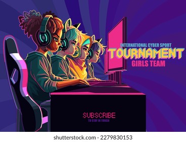 Team of diverse girls gamers or streamers sitting in front of a computers in a headsets. Side view, cartoon anime style. Vector character design over and abstract radiant background