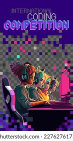 Team of diverse girls programmers sitting in front of a computers in a headsets. Side view, cartoon anime style. Vector character design over and abstract pixel background