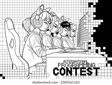 Team of diverse girls programmers sitting in front of a computers in a headsets. Side view, cartoon anime style. Vector character design over and abstract pixel background