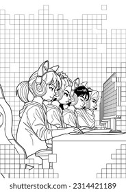 Team of diverse girls programmers sitting in front of a computers in a headsets. Side view, cartoon anime style. Vector character design over and abstract pixel background