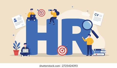 Un equipo de personas diversas se involucró activamente en actividades de recursos humanos, simbolizadas por cartas gigantes de "RR. HH.", objetivos y CV.
