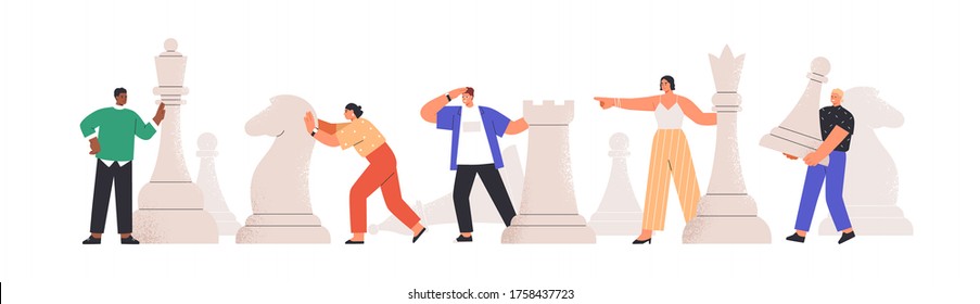 Team of diverse man and woman playing giant chess together vector flat illustration. People planning, thinking and discussing business strategy isolated on white. Concept of tactics and teamwork - Shutterstock ID 1758437723