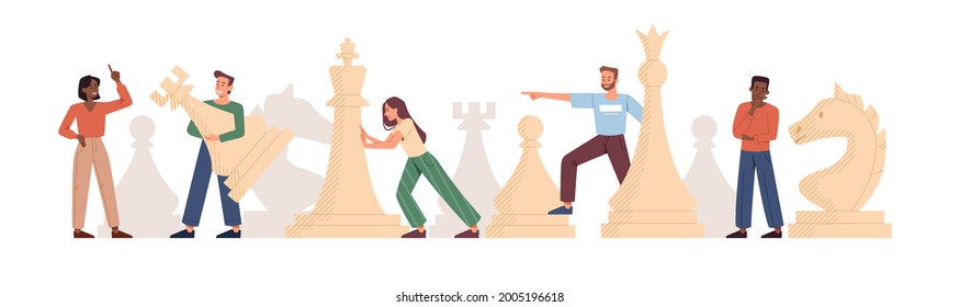 Team of diverse multiethnic tiny man and woman characters playing giant chess. Planning, thinking and discussing business strategy concept. Tactics and teamwork. Flat cartoon vector illustration