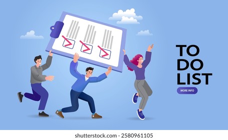 Team to do list. accomplish work checkmark. Checklist to complete project task. todo list clipboard or project status report. plan to finish work concept. Concept done job. vector illustration.