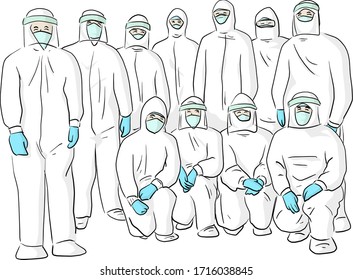 Team Of Doctor In Ppe Suit Vector Illustration Sketch Doodle Hand Drawn Isolated On White Background