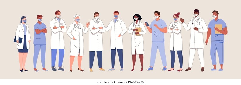 Team of doctors. Ambulance, medical insurance. Portraits of physicians and nurses, employees of hospital or laboratory. Vector characters isolated on background. Illustration in flat cartoon style.