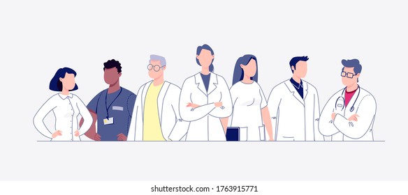 Team of doctors in cartoon style. The concept of the medical team. Doctors, nurses, orderlies - medical staff. Vector. Illustration in flat style.