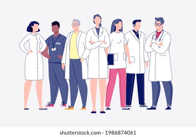 Team of doctors in cartoon style. The concept of the medical team. Doctors, nurses, orderlies - medical staff. Vector. Illustration in flat style.