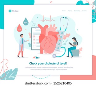 A Team Of Doctors Checks The Level Of Cholesterol In The Blood. Creative Landing Page Design Template. Medicine Heart Health Concept. Flat Vector Illustration.