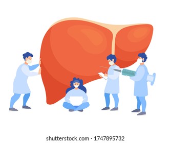 A team of doctors checkup the liver. Tiny people examine the organ and make a diagnosis. Banner on the prevention of liver disease, metabolism and obesity. Vector flat concept. Treatment.
