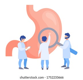 A team of doctors checkup the stomach. Tiny people examine the organ and make a diagnosis. Banner on the prevention of stomach disease, metabolism and obesity. Vector flat concept. Treatment.