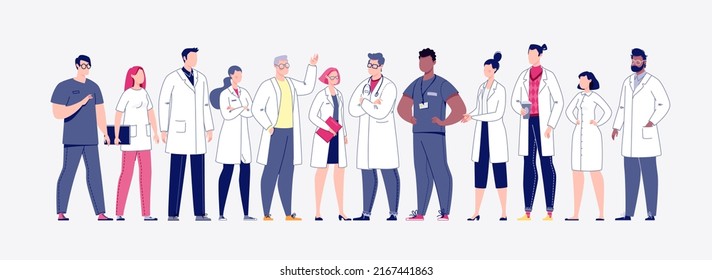 Team of doctors. Concept of healthcare. Physicians, nurses, orderlies - medical staff. Vector characters flat cartoon illustration.