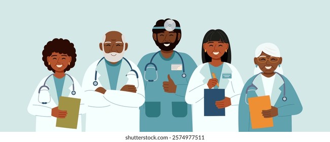 The team of doctors. Concept of medicine, healthcare, clinic, assistance, team. Vector hand drawn illustration.	
