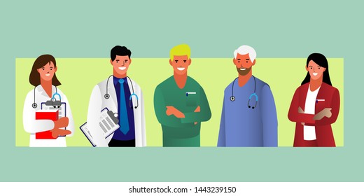 Team of doctors concept, doctors and nurses portraits, modern flat vector concept digital illustration, 