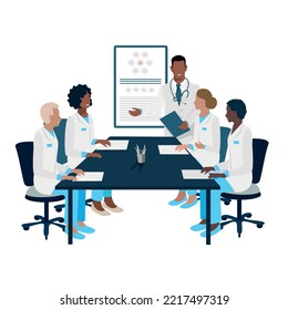 A team of doctors confer, study, hold a conference, training or cosilium. Vector illustration isolated on white background.