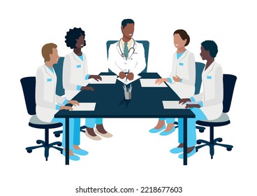 A team of doctors confer, study, hold a conference, training or cosilium. Vector illustration isolated on white background.