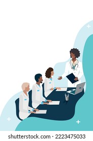 A team of doctors confer, study, hold a conference, training or cosilium. Vector illustration isolated on white background.